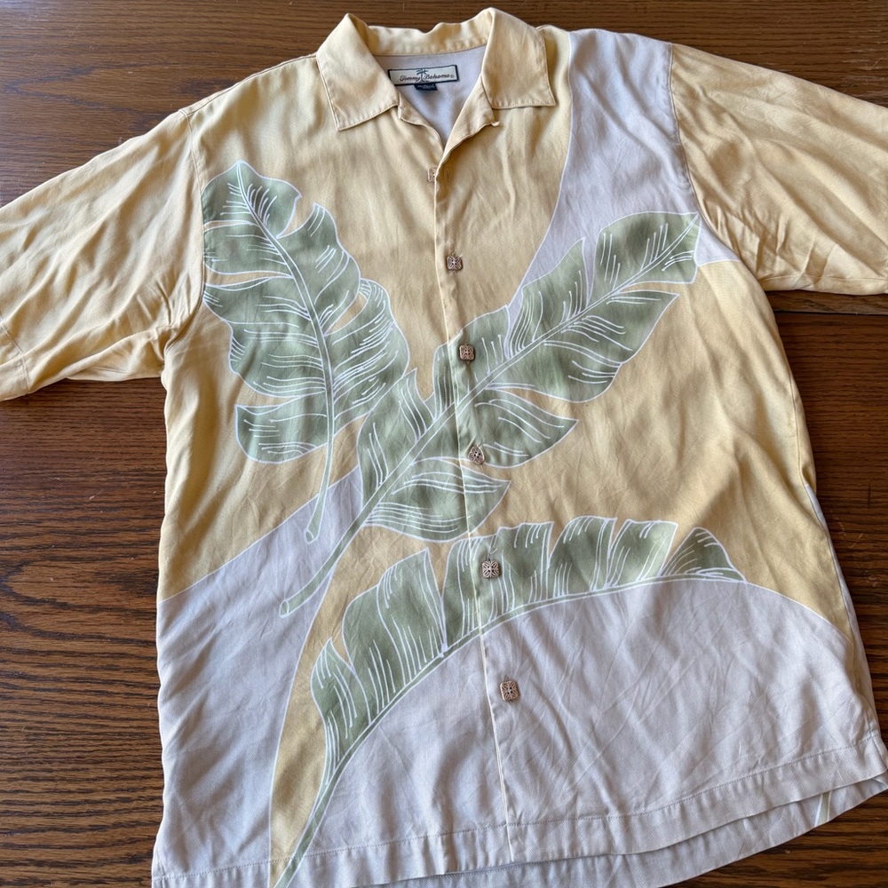 Tommy Bahama Yellow and White Tropical Leaf Button-Up Shirt
